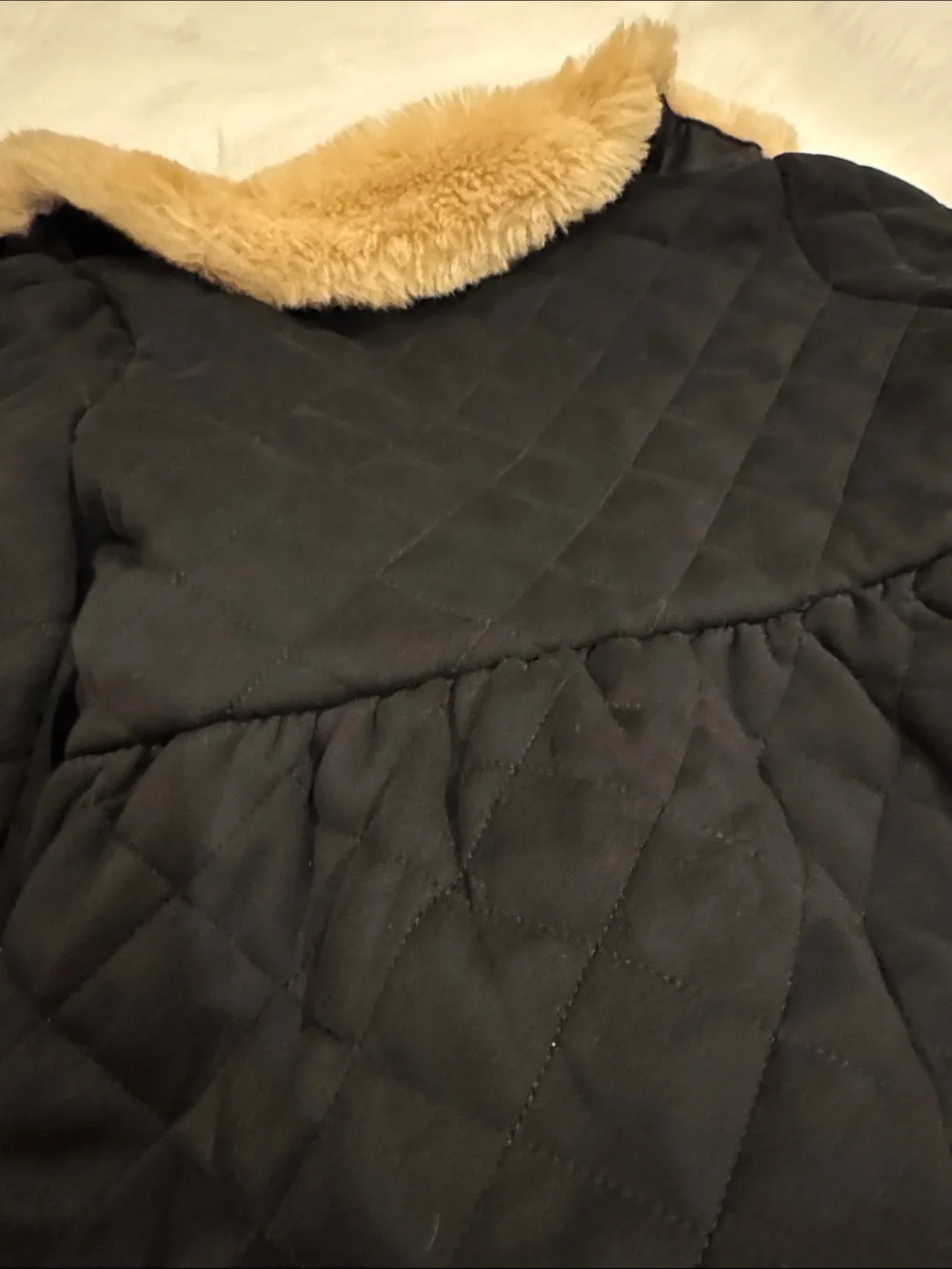 Janie and Jack Black Quilted Jacket with Beige Faux Fur Collar